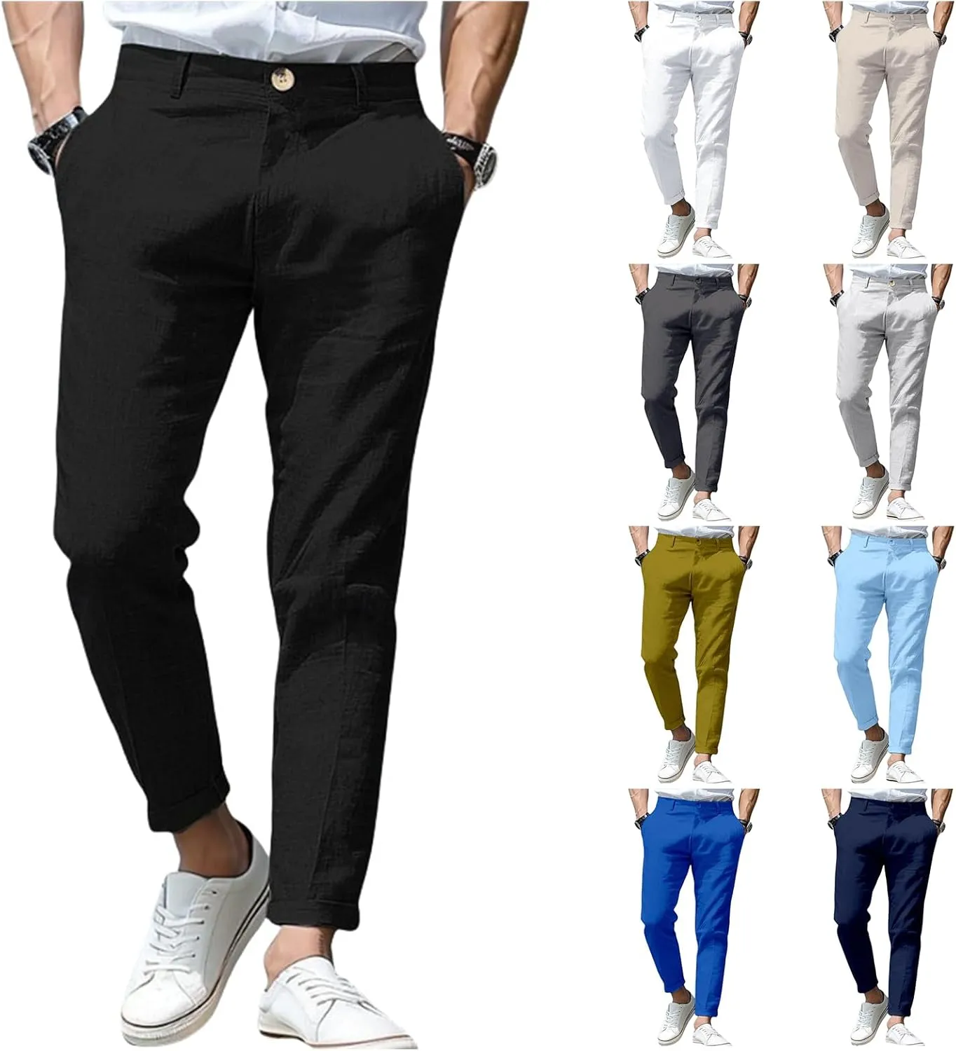 evzosrz Men's Slim-Fit Chino Jogger Pant, Cotton Linen Straight Trousers Casual Flat Front Design Comfortable Pants for Men