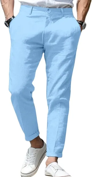 evzosrz Men's Slim-Fit Chino Jogger Pant, Cotton Linen Straight Trousers Casual Flat Front Design Comfortable Pants for Men