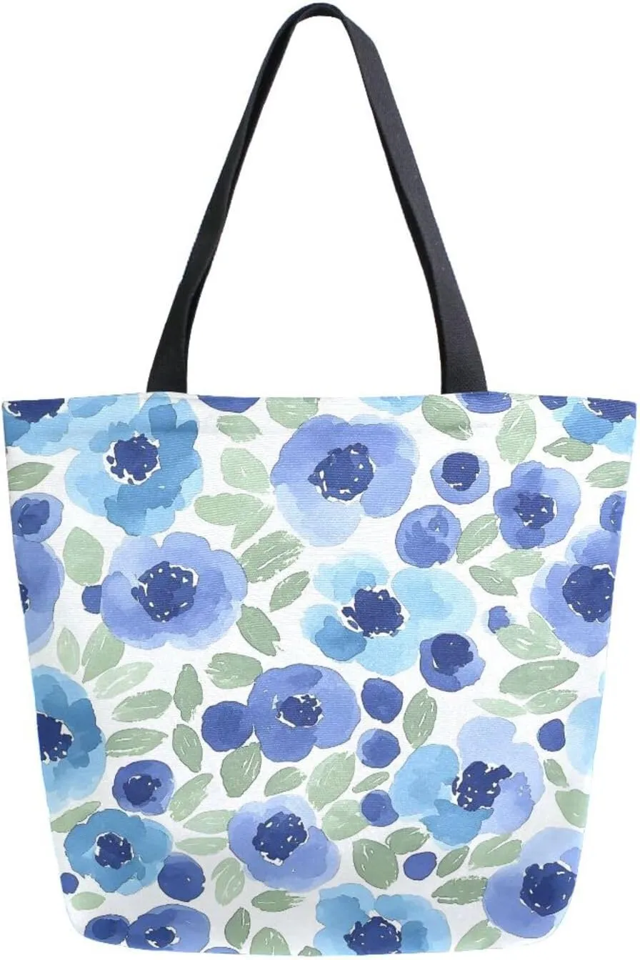 Extra Large Shoulder Tote Bag for Beach Travel Weekender Gym Blue Flower Green Leaves Pattern Reusable Grocery Canvas Shopping Bag