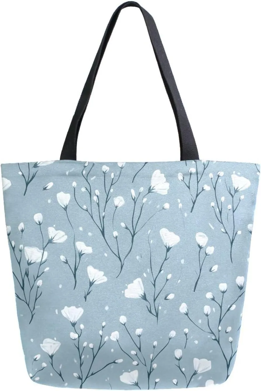 Extra Large Shoulder Tote Bag for Beach Travel Weekender Gym Tiny Flowers White Pattern Reusable Grocery Canvas Shopping Bag