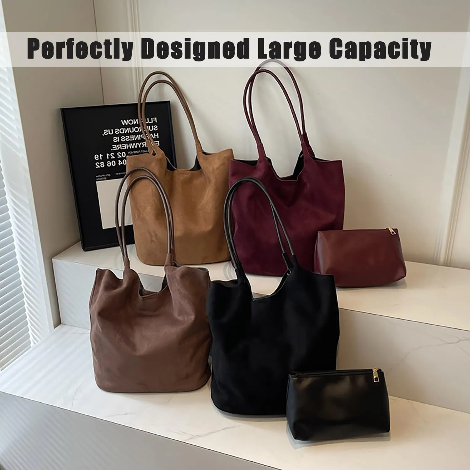 Fall Slouchy Tote Bags for Women Suede Hobo Bag Large Work Bag Suede Bucket Purse Vintage Top Handle Handbag Shoulder Purse