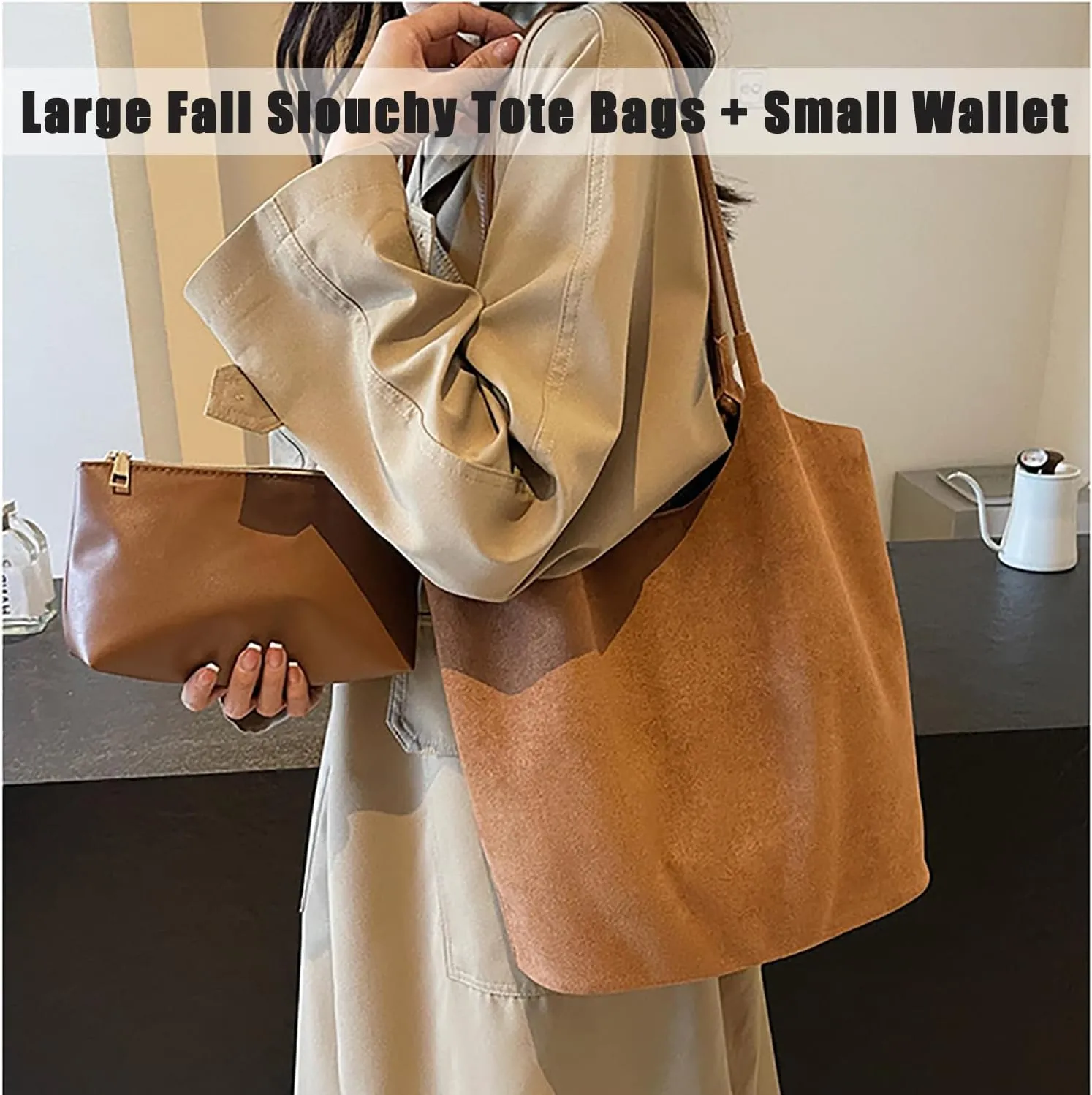 Fall Slouchy Tote Bags for Women Suede Hobo Bag Large Work Bag Suede Bucket Purse Vintage Top Handle Handbag Shoulder Purse