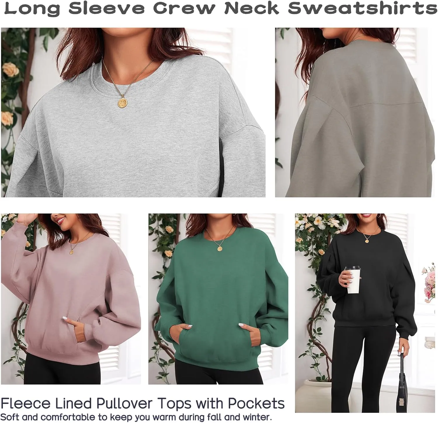 Famulily Womens Long Sleeve Crew Neck Sweatshirts Fleece Lined Pullover Tops with Side Pockets