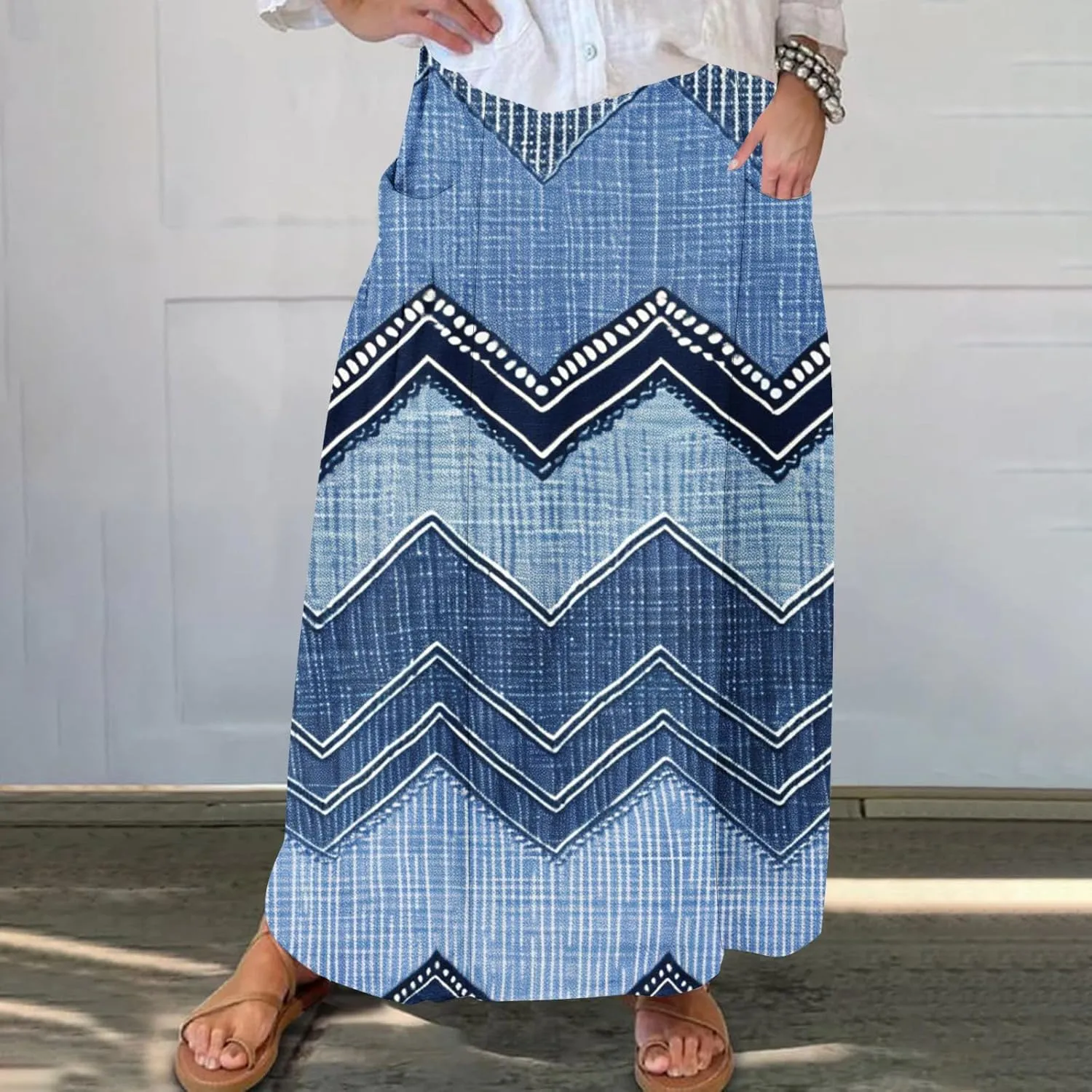 Fashion Skirts for Women Boho Graphic Trendy Beach Skirt Stretchy Pleated Plus Size Loose Western Skirt with Pocket