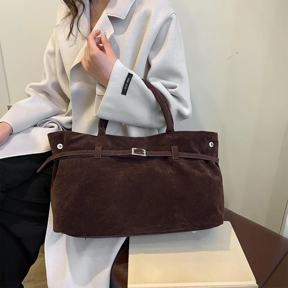 Faux Suede Tote Bag for Women Vintage Suede Top Handle Bag Large Suede Tote Bag Bucket Handbag Retro Suede Purse