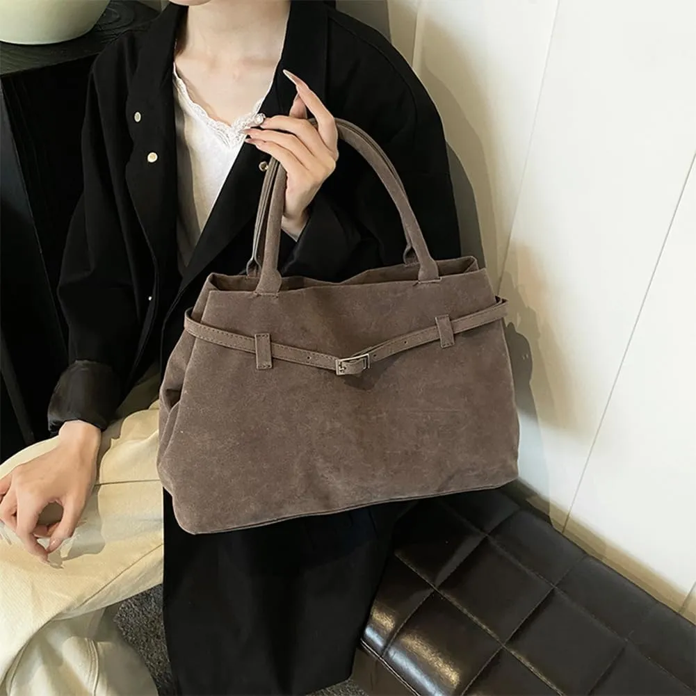 Faux Suede Tote Bag for Women Vintage Suede Top Handle Bag Large Suede Tote Bag Bucket Handbag Retro Suede Purse