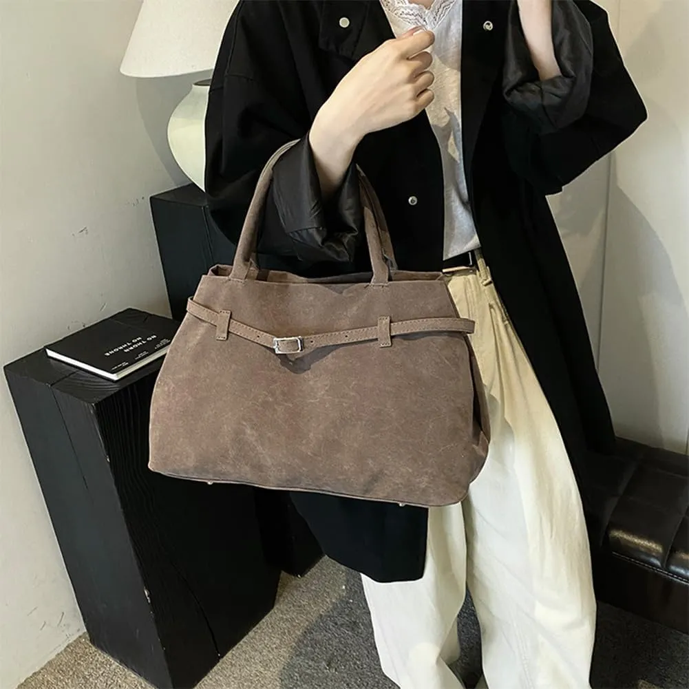 Faux Suede Tote Bag for Women Vintage Suede Top Handle Bag Large Suede Tote Bag Bucket Handbag Retro Suede Purse