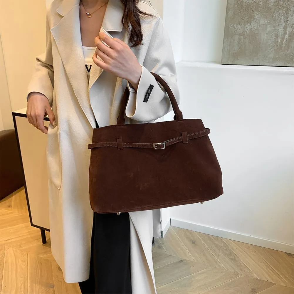 Faux Suede Tote Bag for Women Vintage Suede Top Handle Bag Large Suede Tote Bag Bucket Handbag Retro Suede Purse