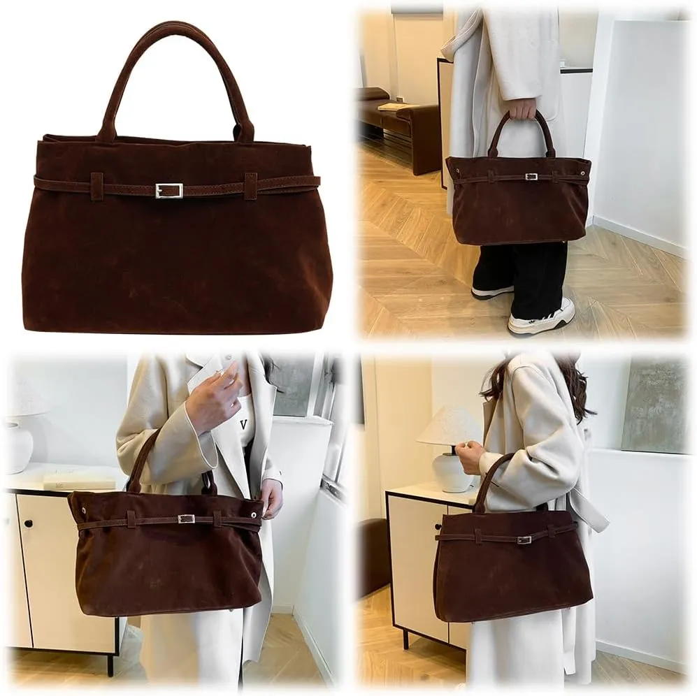 Faux Suede Tote Bag for Women Vintage Suede Top Handle Bag Large Suede Tote Bag Bucket Handbag Retro Suede Purse