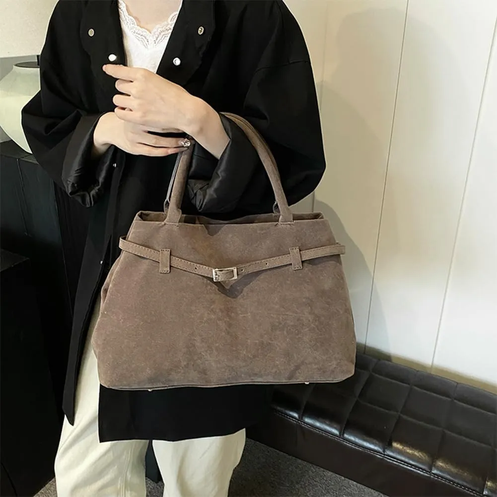 Faux Suede Tote Bag for Women Vintage Suede Top Handle Bag Large Suede Tote Bag Bucket Handbag Retro Suede Purse