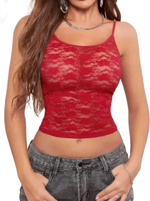 Fem&Fata Women Lace Slim Fit Camisole Y2K Sexy Mesh See Through Tank Top Going Out Top S-XXL