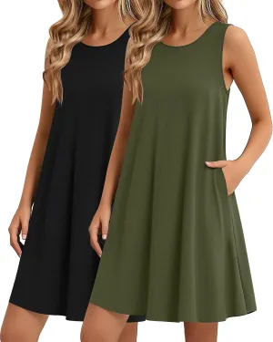Ficerd 2 Pack Women's Summer Casual Dresses, Beach Cover up Tank Dress with Pockets Plain Round Neck Swing T Shirt Sundresses