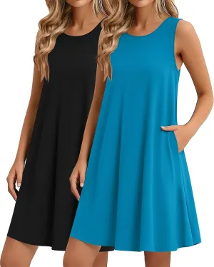Ficerd 2 Pack Women's Summer Casual Dresses, Beach Cover up Tank Dress with Pockets Plain Round Neck Swing T Shirt Sundresses