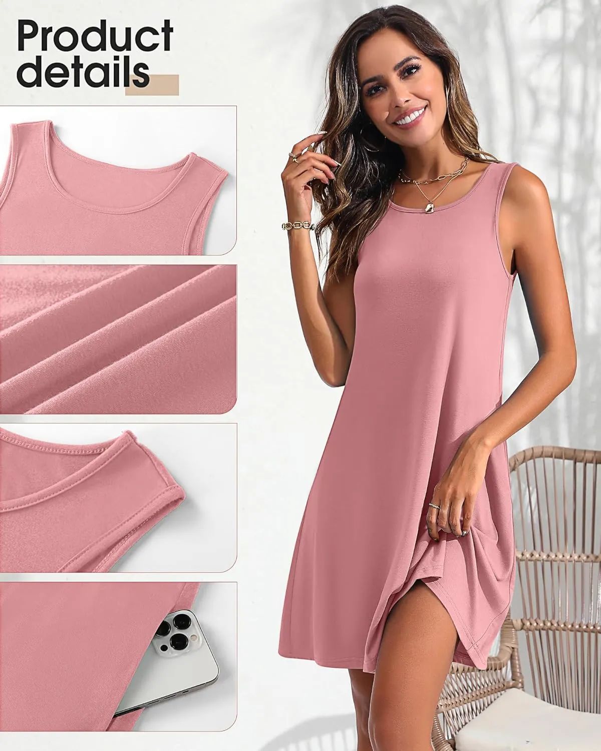 Ficerd 2 Pack Women's Summer Casual Dresses, Beach Cover up Tank Dress with Pockets Plain Round Neck Swing T Shirt Sundresses