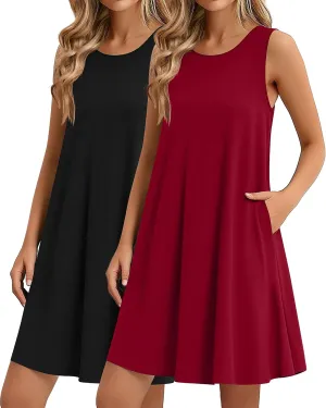 Ficerd 2 Pack Women's Summer Casual Dresses, Beach Cover up Tank Dress with Pockets Plain Round Neck Swing T Shirt Sundresses
