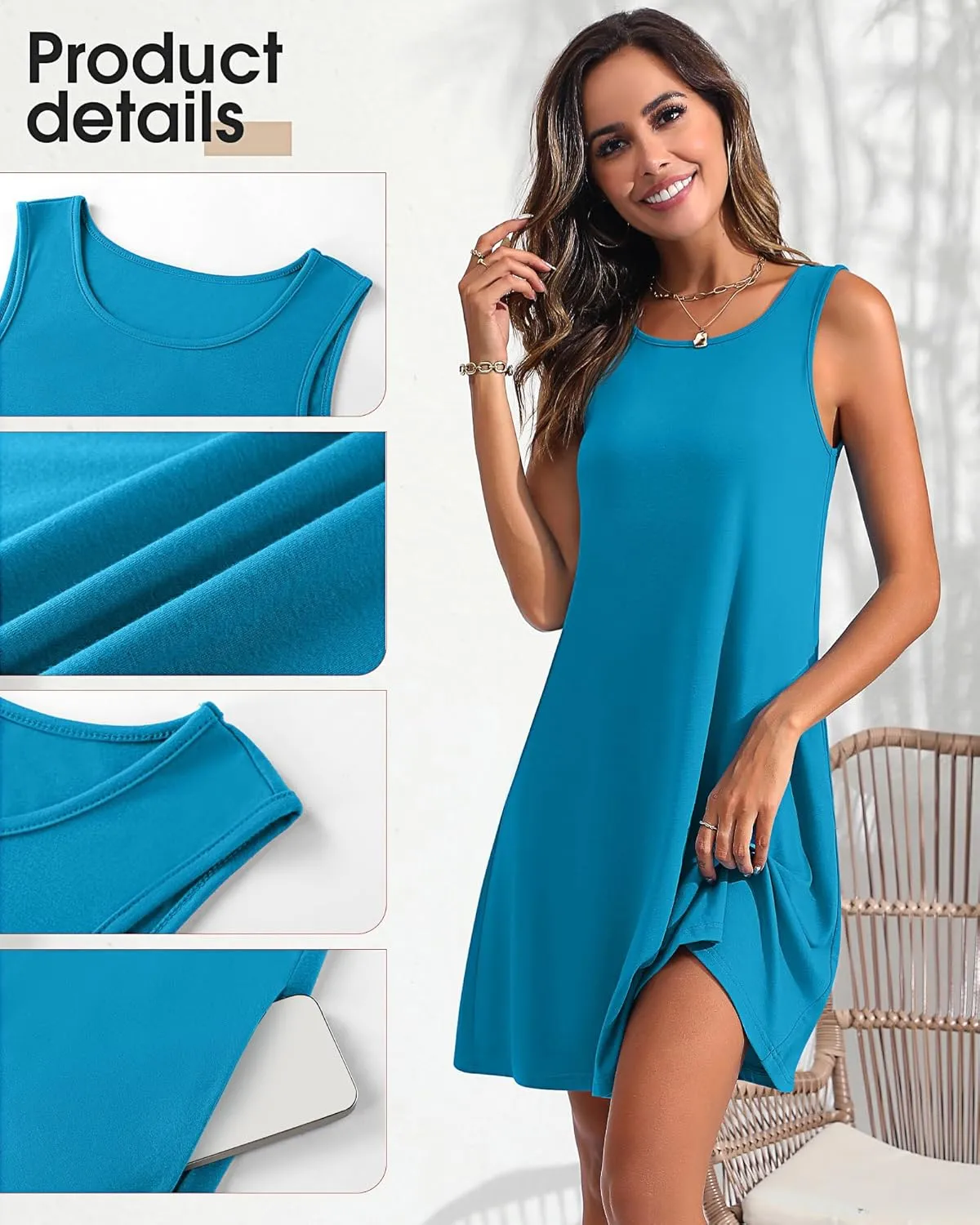 Ficerd 2 Pack Women's Summer Casual Dresses, Beach Cover up Tank Dress with Pockets Plain Round Neck Swing T Shirt Sundresses
