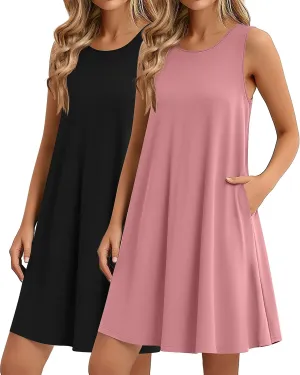Ficerd 2 Pack Women's Summer Casual Dresses, Beach Cover up Tank Dress with Pockets Plain Round Neck Swing T Shirt Sundresses