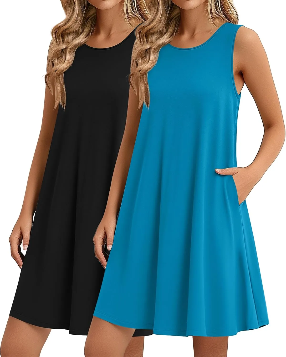 Ficerd 2 Pack Women's Summer Casual Dresses, Beach Cover up Tank Dress with Pockets Plain Round Neck Swing T Shirt Sundresses