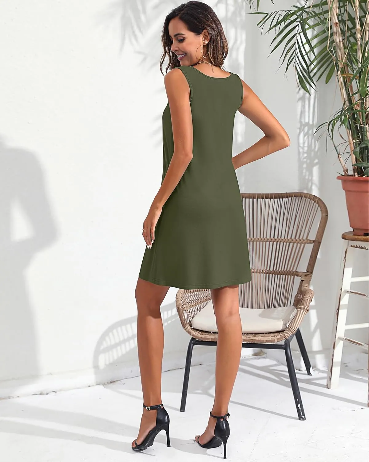 Ficerd 2 Pack Women's Summer Casual Dresses, Beach Cover up Tank Dress with Pockets Plain Round Neck Swing T Shirt Sundresses