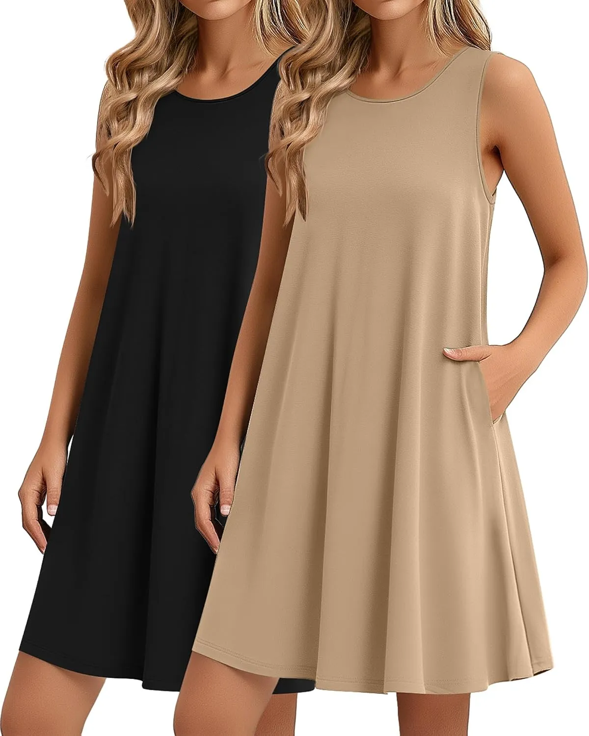 Ficerd 2 Pack Women's Summer Casual Dresses, Beach Cover up Tank Dress with Pockets Plain Round Neck Swing T Shirt Sundresses