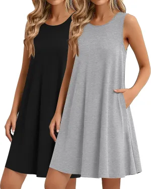 Ficerd 2 Pack Women's Summer Casual Dresses, Beach Cover up Tank Dress with Pockets Plain Round Neck Swing T Shirt Sundresses