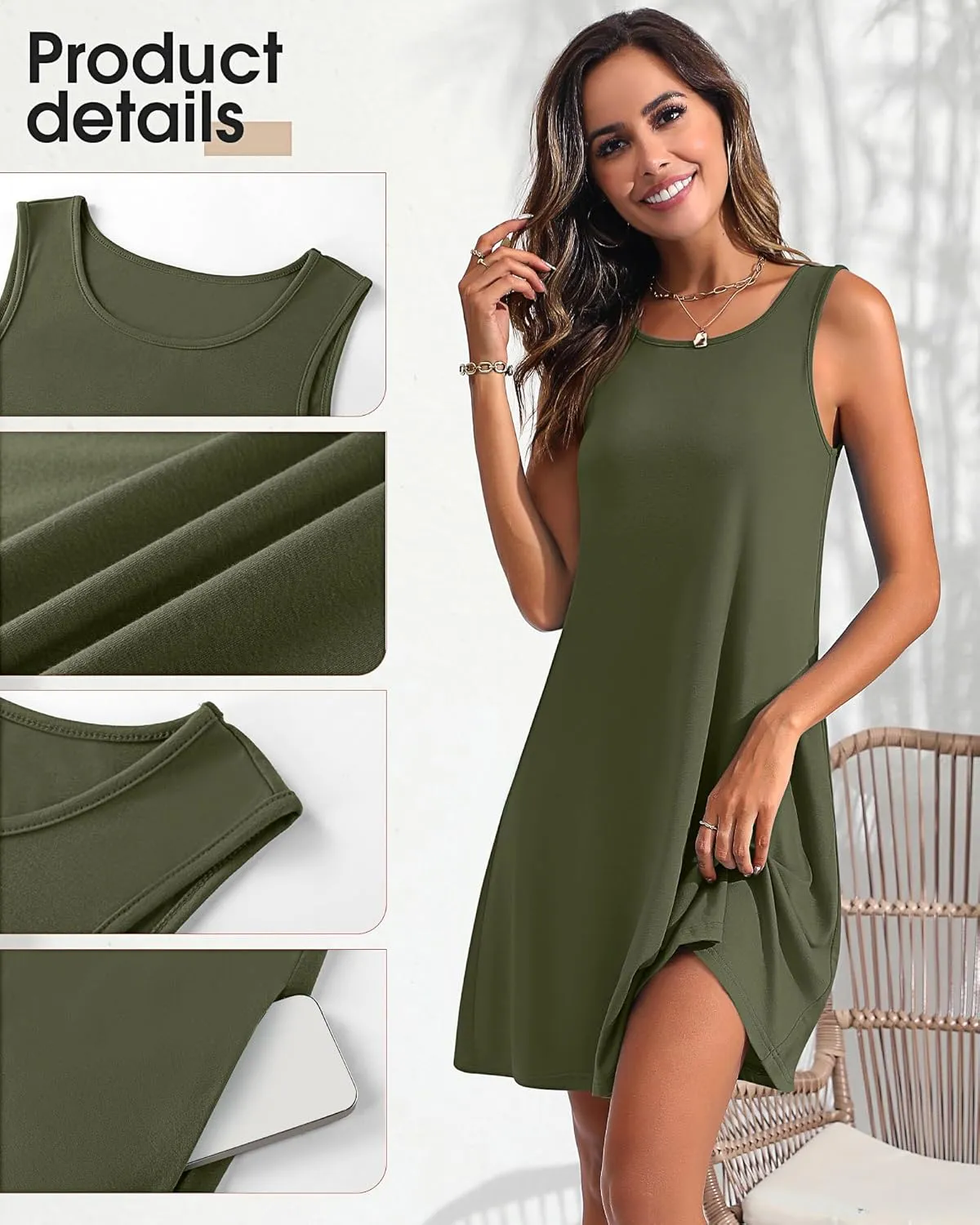 Ficerd 2 Pack Women's Summer Casual Dresses, Beach Cover up Tank Dress with Pockets Plain Round Neck Swing T Shirt Sundresses