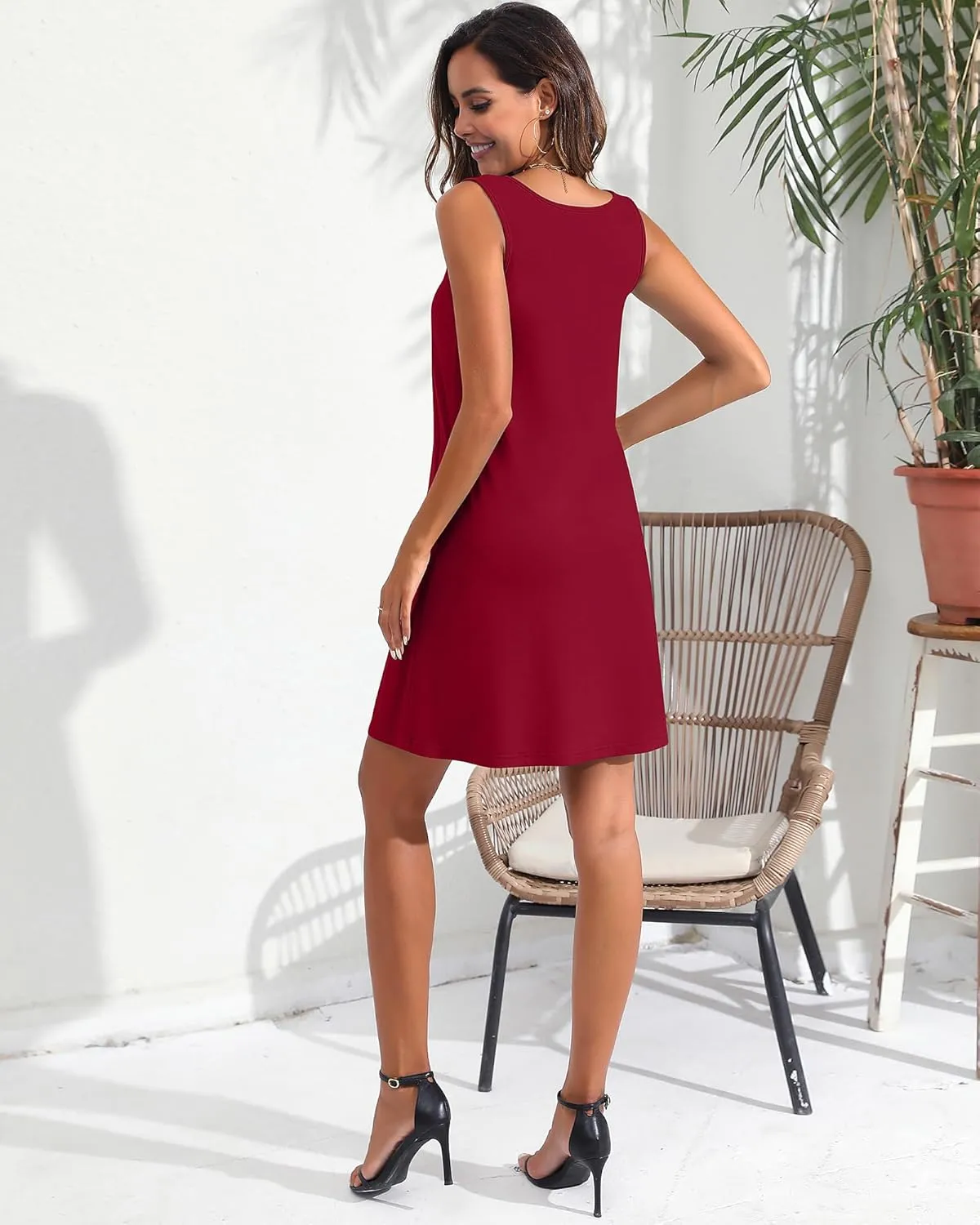 Ficerd 2 Pack Women's Summer Casual Dresses, Beach Cover up Tank Dress with Pockets Plain Round Neck Swing T Shirt Sundresses