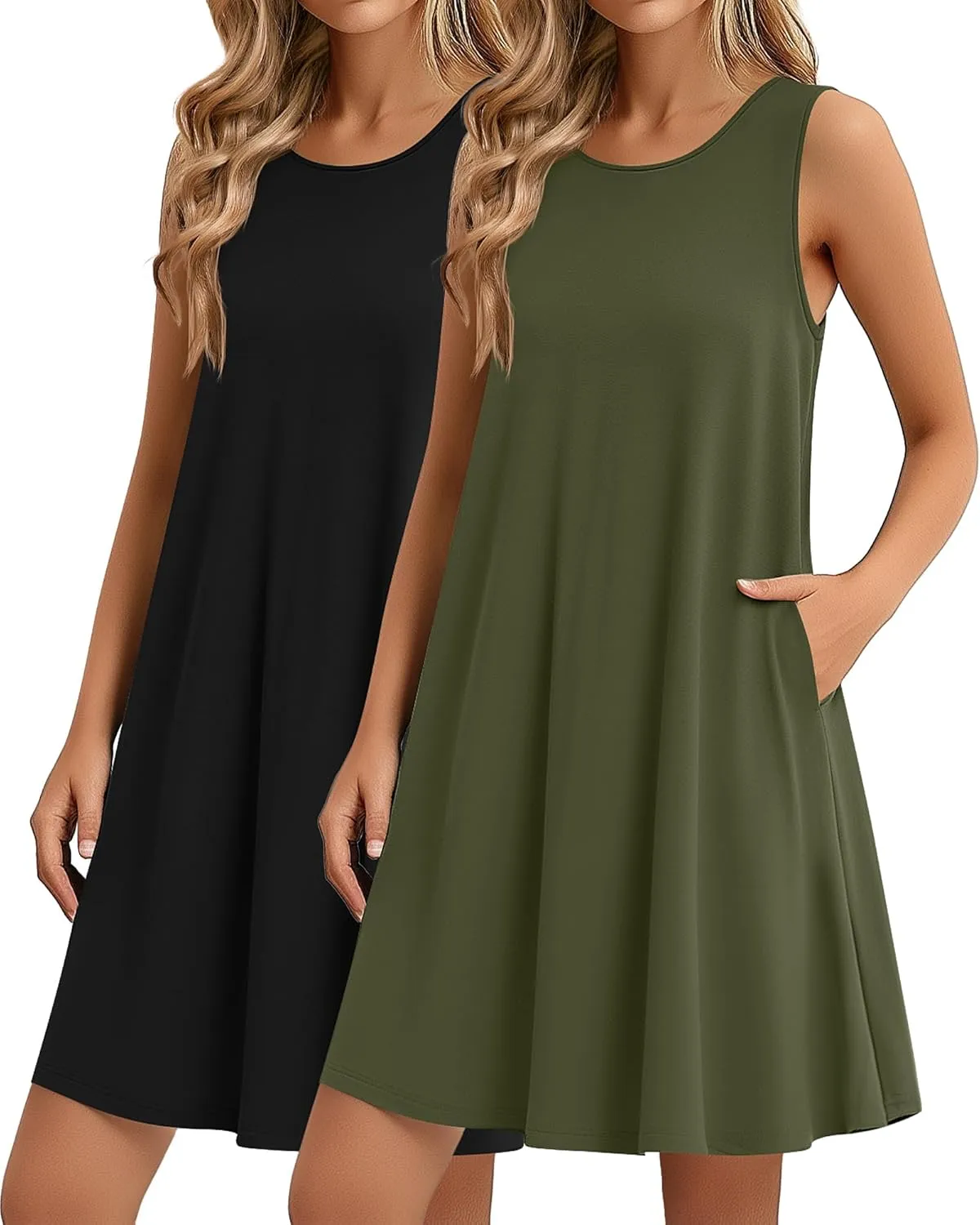 Ficerd 2 Pack Women's Summer Casual Dresses, Beach Cover up Tank Dress with Pockets Plain Round Neck Swing T Shirt Sundresses
