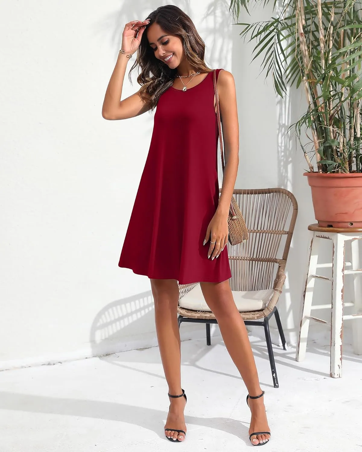 Ficerd 2 Pack Women's Summer Casual Dresses, Beach Cover up Tank Dress with Pockets Plain Round Neck Swing T Shirt Sundresses