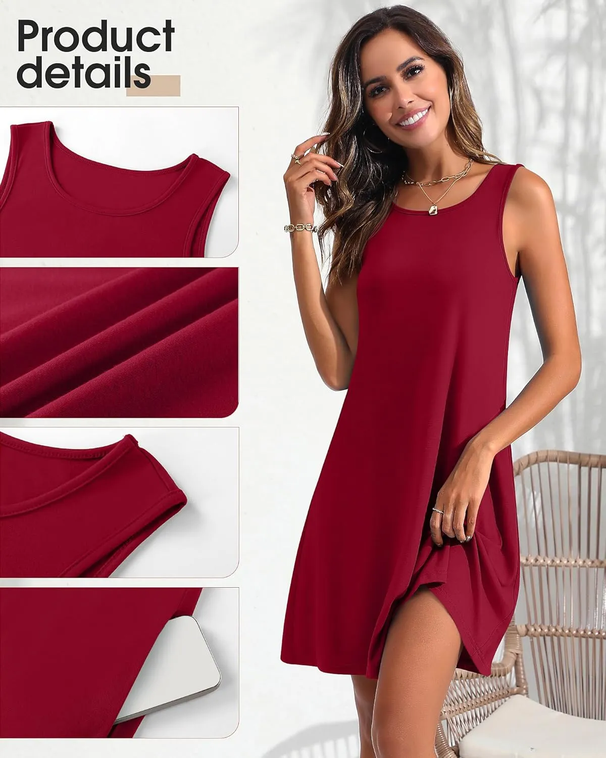 Ficerd 2 Pack Women's Summer Casual Dresses, Beach Cover up Tank Dress with Pockets Plain Round Neck Swing T Shirt Sundresses
