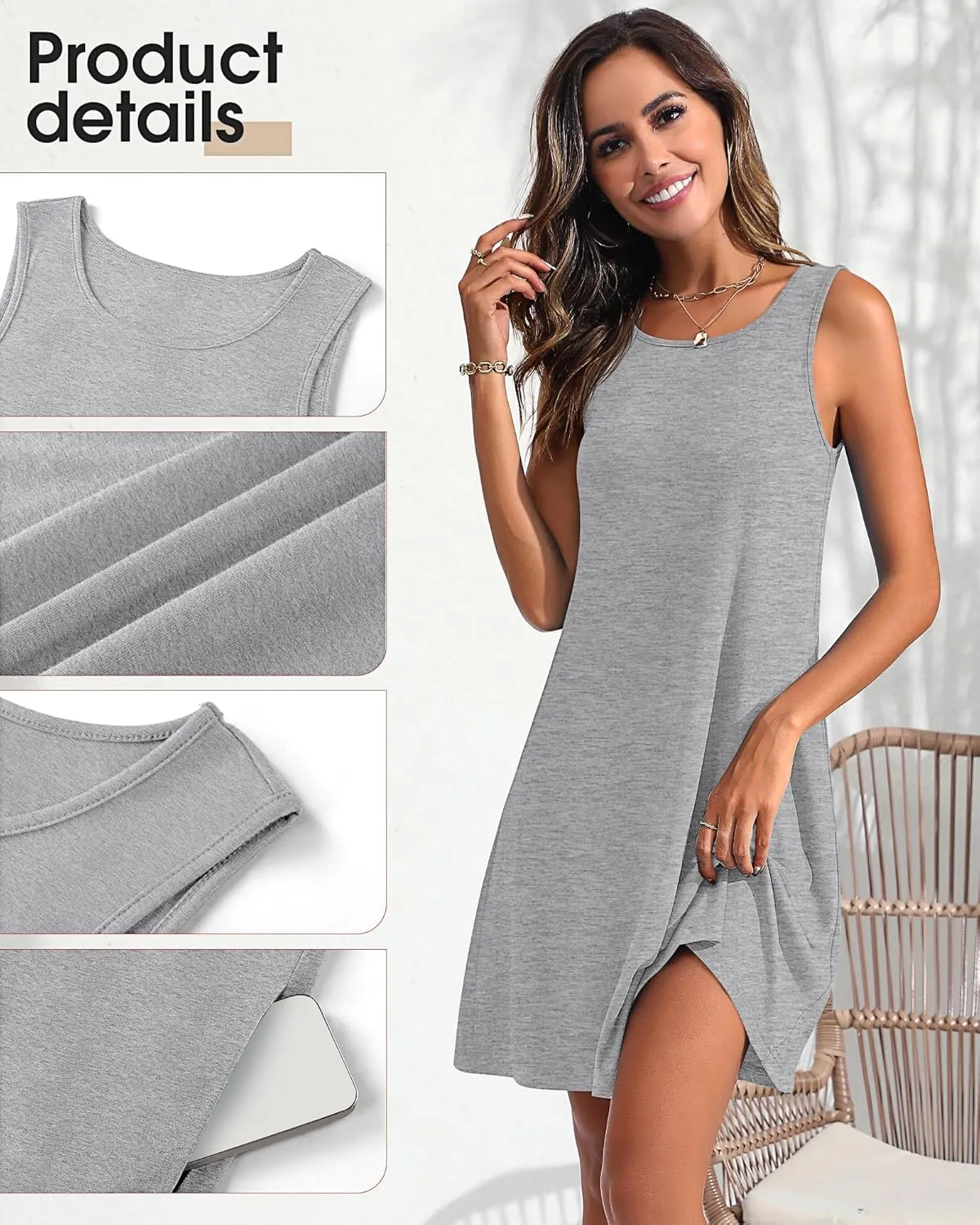 Ficerd 2 Pack Women's Summer Casual Dresses, Beach Cover up Tank Dress with Pockets Plain Round Neck Swing T Shirt Sundresses