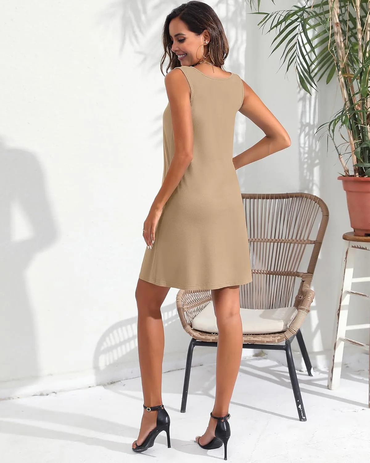 Ficerd 2 Pack Women's Summer Casual Dresses, Beach Cover up Tank Dress with Pockets Plain Round Neck Swing T Shirt Sundresses