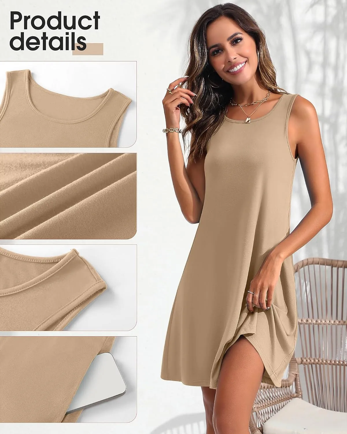 Ficerd 2 Pack Women's Summer Casual Dresses, Beach Cover up Tank Dress with Pockets Plain Round Neck Swing T Shirt Sundresses