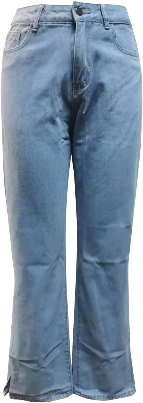 Flared Jeans for Women High Waisted Boyfriend Jeans Side Slit Baggy Straight Leg Jeans Washed Denim Pants with Pockets