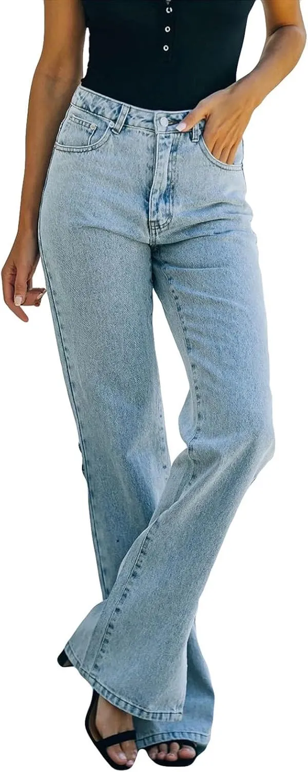 Flared Jeans for Women High Waisted Boyfriend Jeans Side Slit Baggy Straight Leg Jeans Washed Denim Pants with Pockets