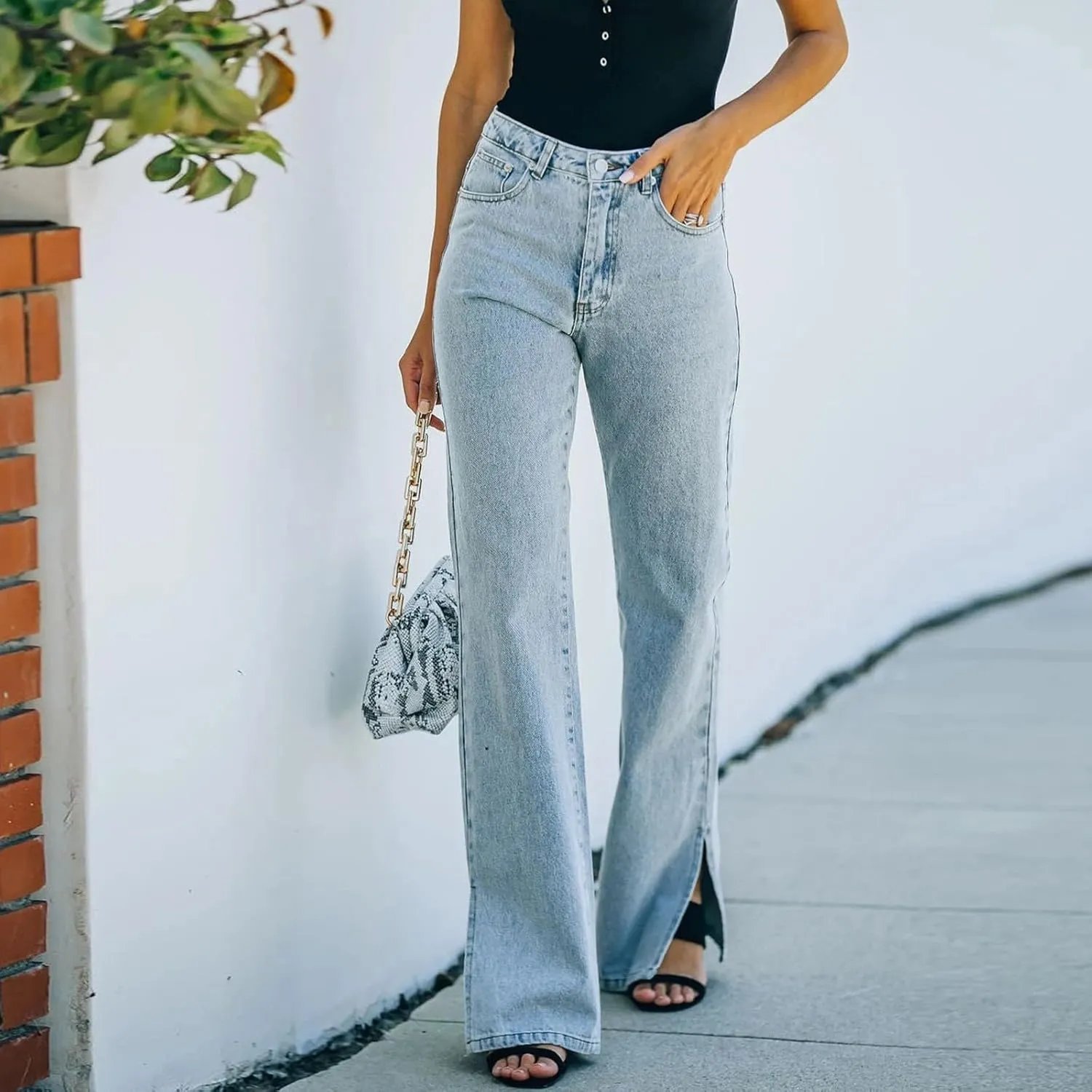 Flared Jeans for Women High Waisted Boyfriend Jeans Side Slit Baggy Straight Leg Jeans Washed Denim Pants with Pockets