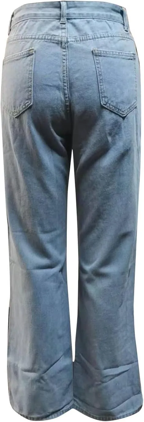 Flared Jeans for Women High Waisted Boyfriend Jeans Side Slit Baggy Straight Leg Jeans Washed Denim Pants with Pockets