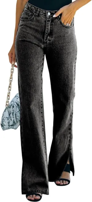 Flared Jeans for Women High Waisted Boyfriend Jeans Side Slit Baggy Straight Leg Jeans Washed Denim Pants with Pockets