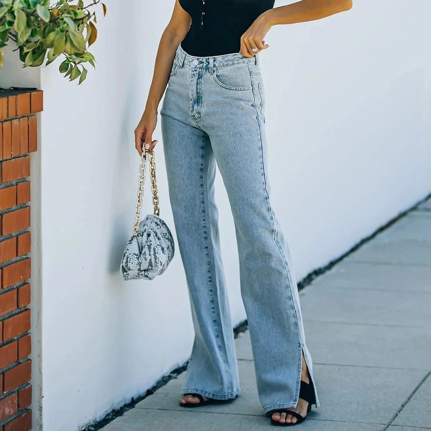 Flared Jeans for Women High Waisted Boyfriend Jeans Side Slit Baggy Straight Leg Jeans Washed Denim Pants with Pockets