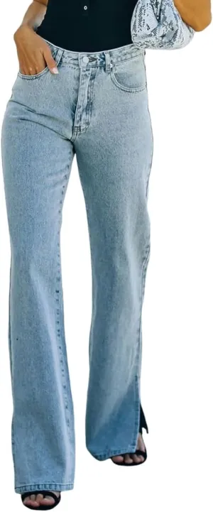 Flared Jeans for Women High Waisted Boyfriend Jeans Side Slit Baggy Straight Leg Jeans Washed Denim Pants with Pockets