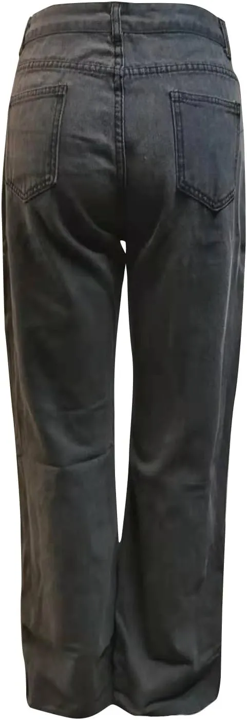 Flared Jeans for Women High Waisted Boyfriend Jeans Side Slit Baggy Straight Leg Jeans Washed Denim Pants with Pockets