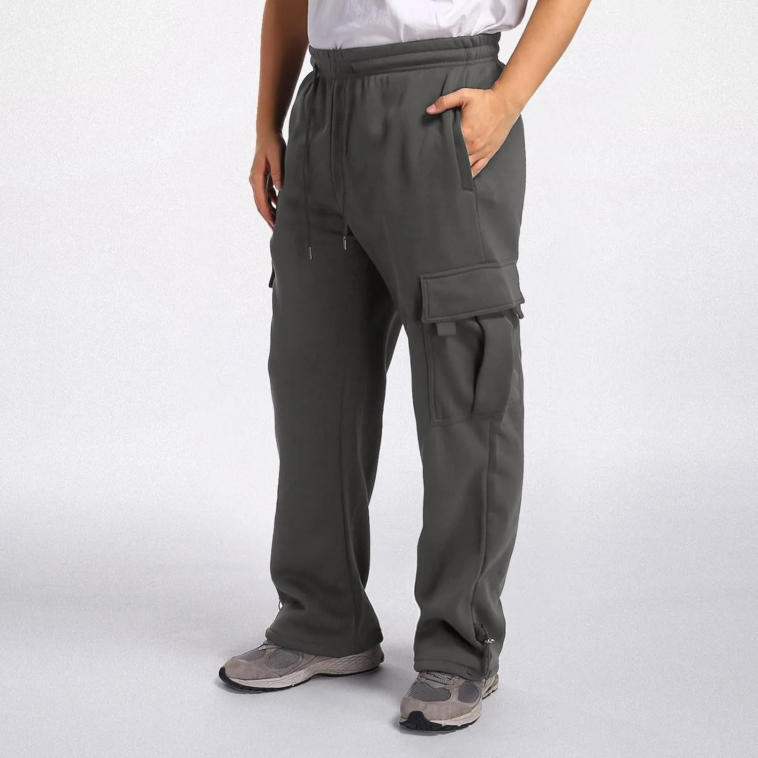 Fleece Cargo Sweatpants for Men Big and Tall Loose Fit Elastic Waist Casual Pants Lightweight Comfy Drawstring Athletic Pants