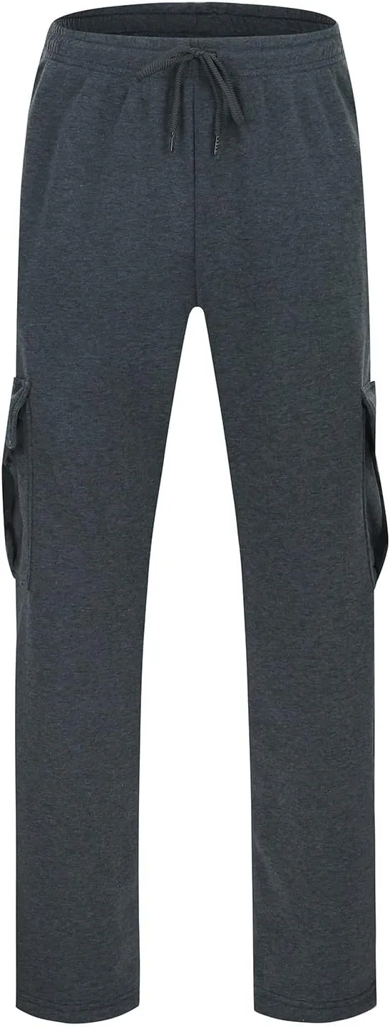 Fleece Cargo Sweatpants for Men Big and Tall Loose Fit Elastic Waist Casual Pants Lightweight Comfy Drawstring Athletic Pants