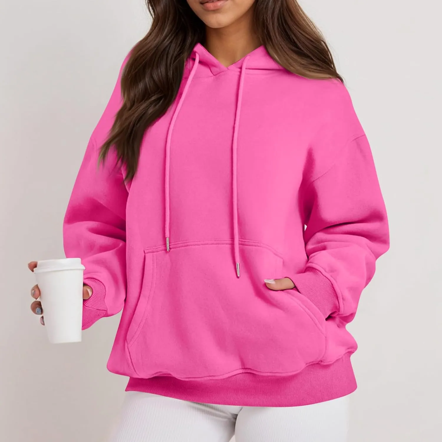 Fleece Hoodie Women Thick Soft Drawstring Oversized Sweatshirt Casual Plain Long Sleeve Pullover Tops with Pockets