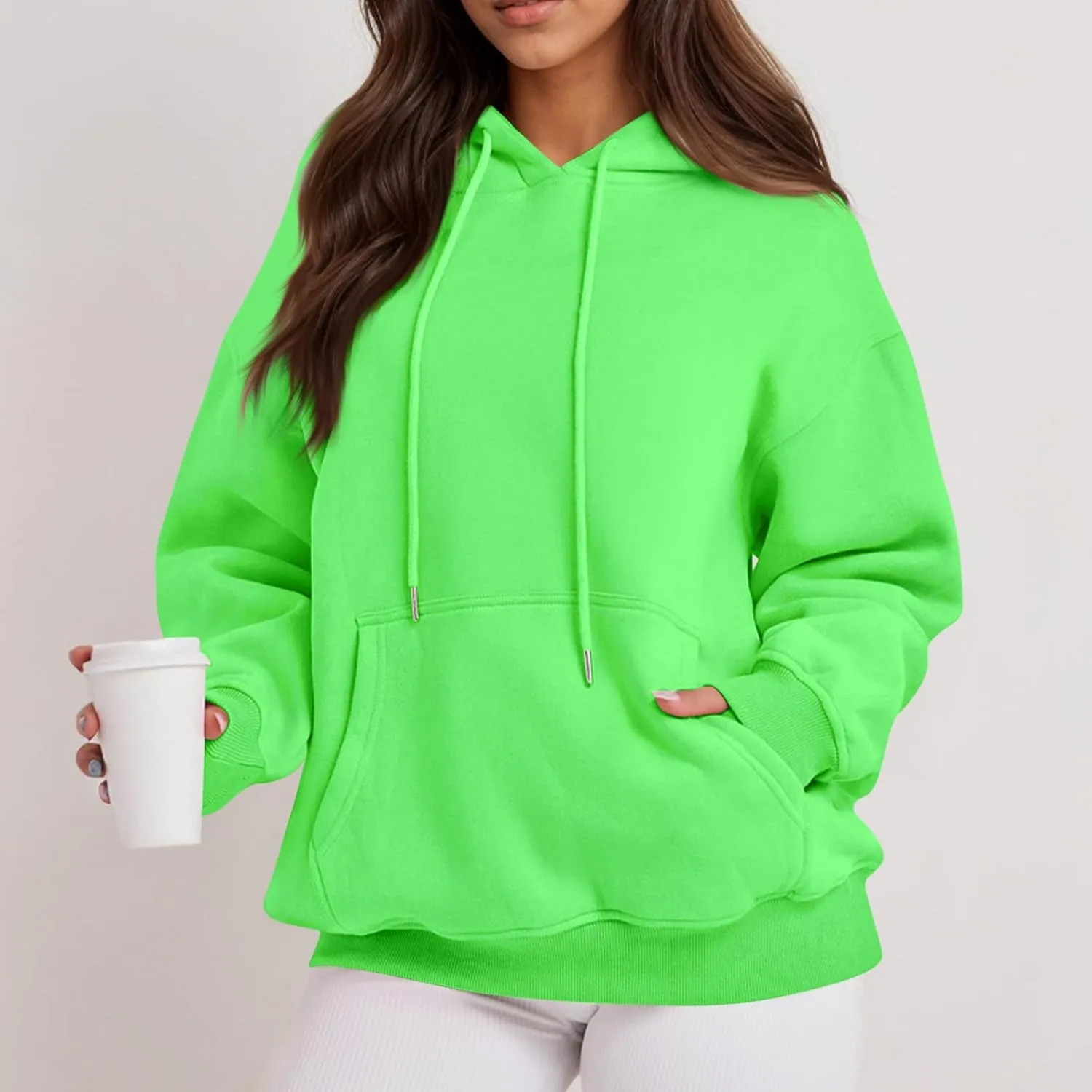 Fleece Hoodie Women Thick Soft Drawstring Oversized Sweatshirt Casual Plain Long Sleeve Pullover Tops with Pockets