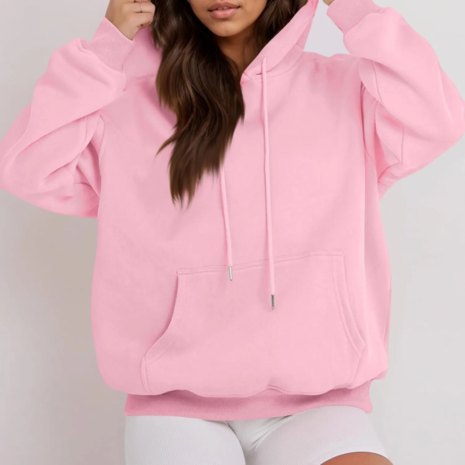 Fleece Hoodie Women Thick Soft Drawstring Oversized Sweatshirt Casual Plain Long Sleeve Pullover Tops with Pockets