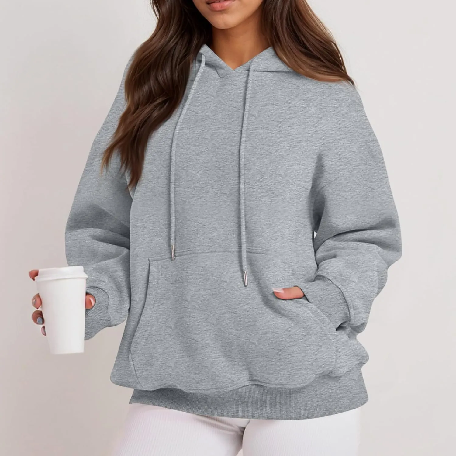 Fleece Hoodie Women Thick Soft Drawstring Oversized Sweatshirt Casual Plain Long Sleeve Pullover Tops with Pockets