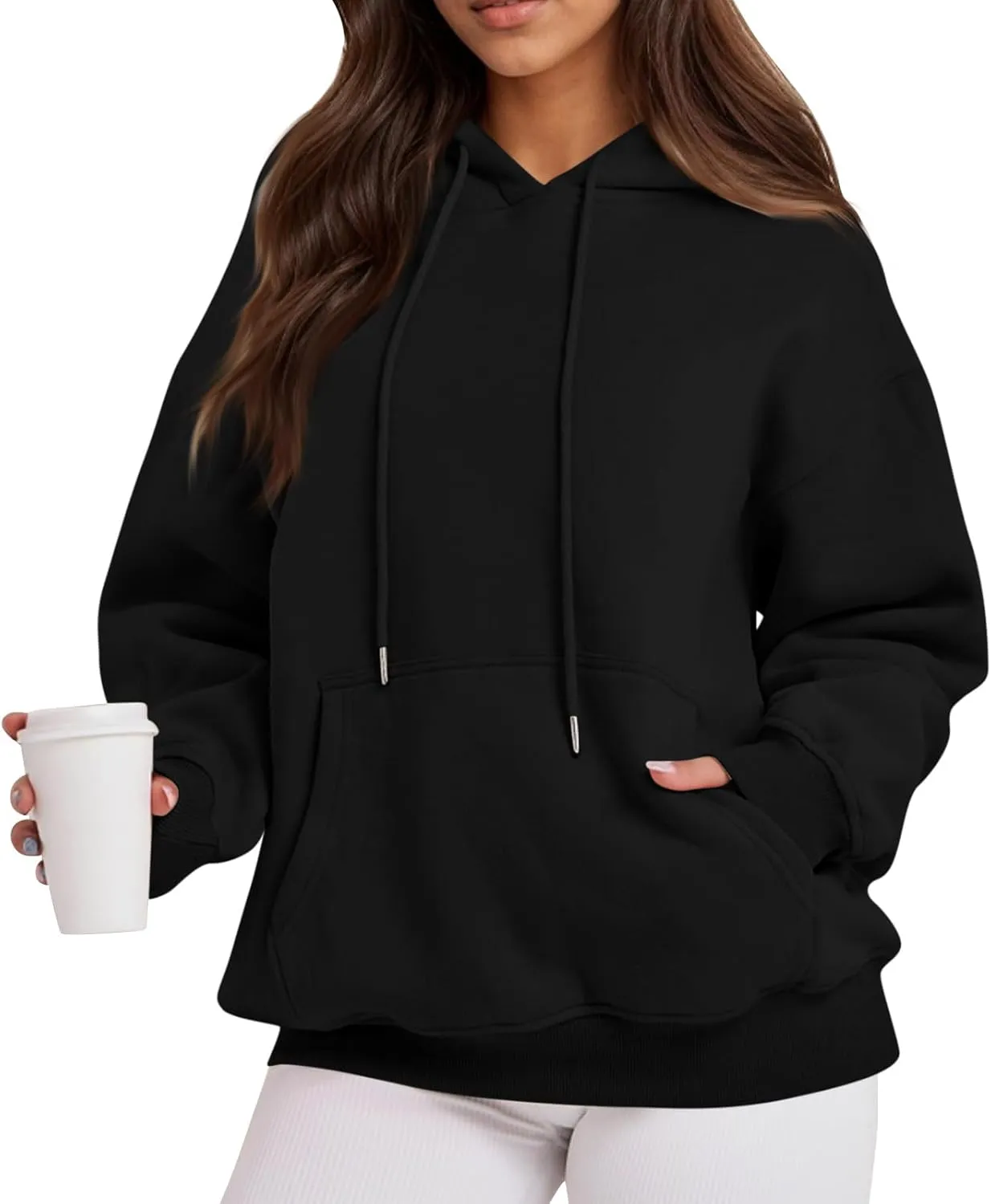 Fleece Hoodie Women Thick Soft Drawstring Oversized Sweatshirt Casual Plain Long Sleeve Pullover Tops with Pockets