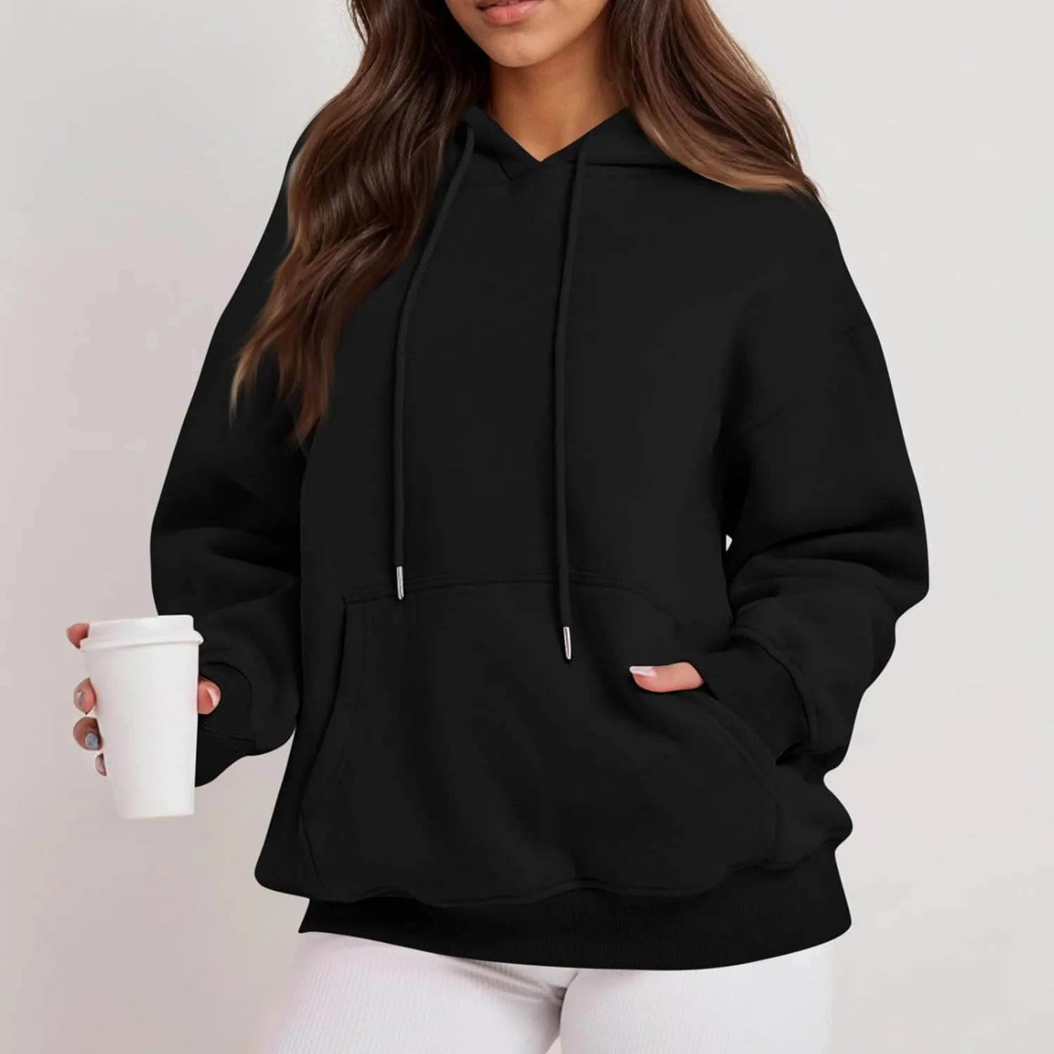 Fleece Hoodie Women Thick Soft Drawstring Oversized Sweatshirt Casual Plain Long Sleeve Pullover Tops with Pockets