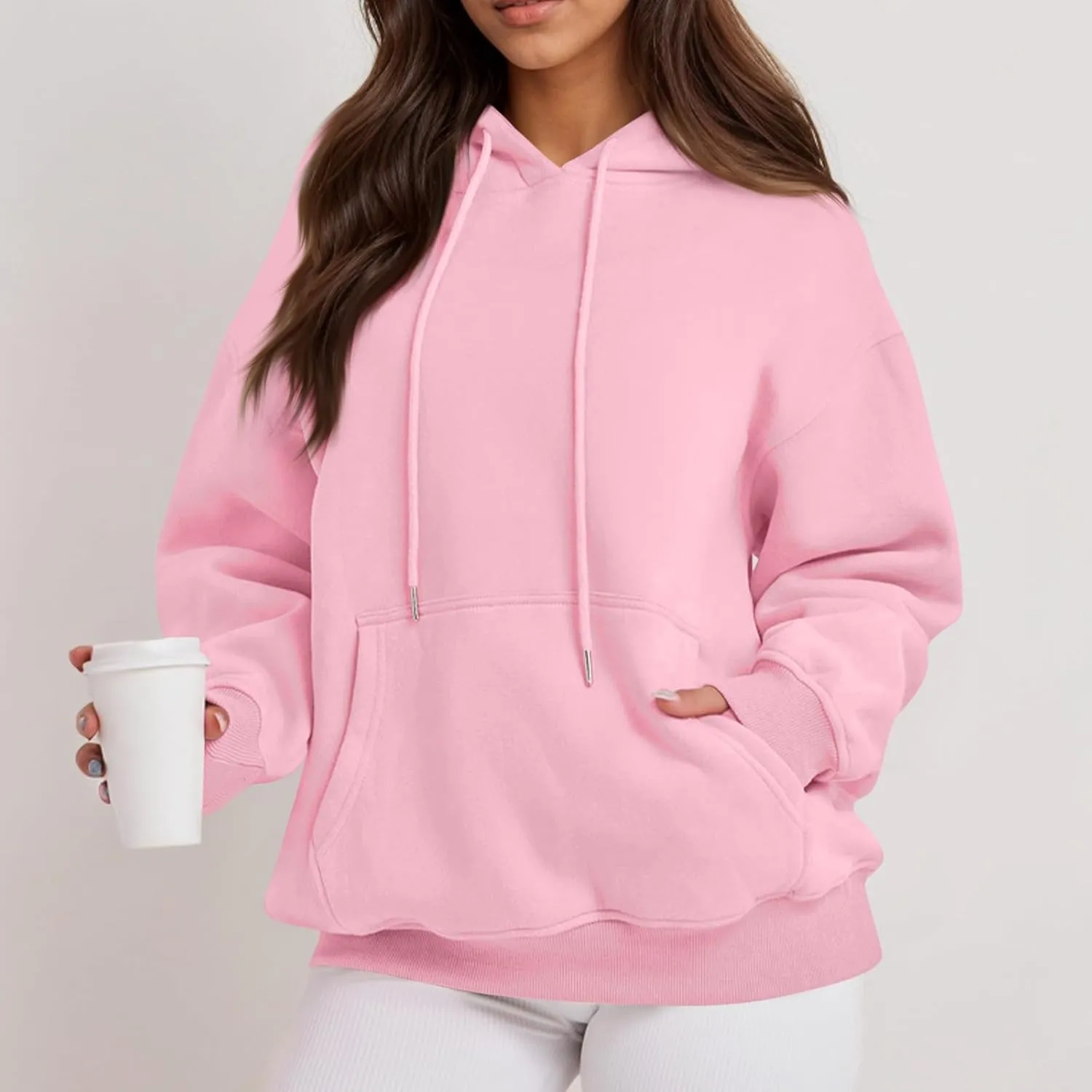 Fleece Hoodie Women Thick Soft Drawstring Oversized Sweatshirt Casual Plain Long Sleeve Pullover Tops with Pockets